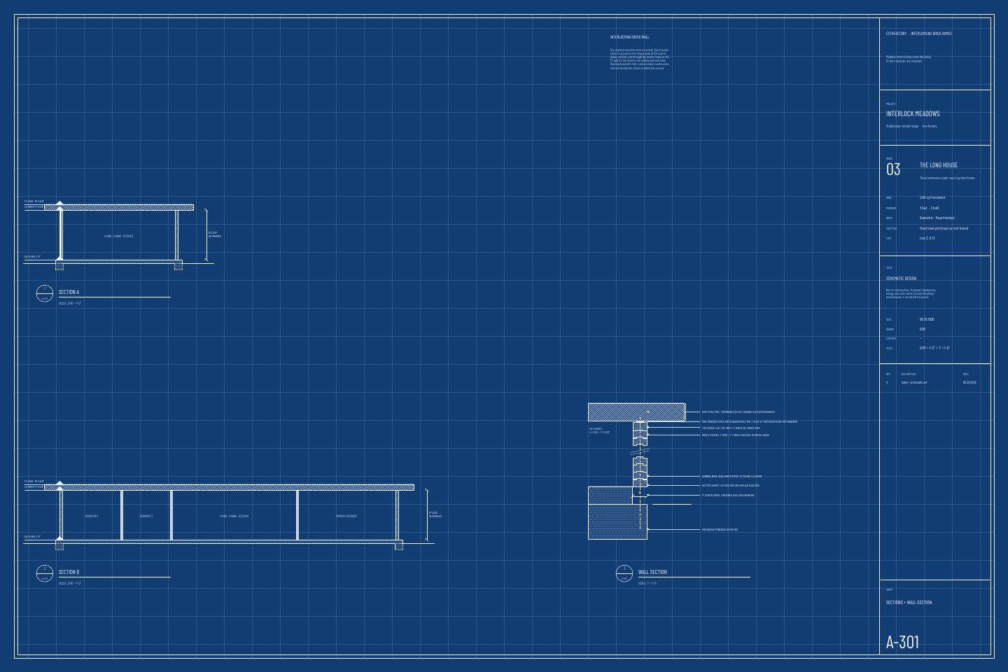 The Long House, sections and wall section drawing