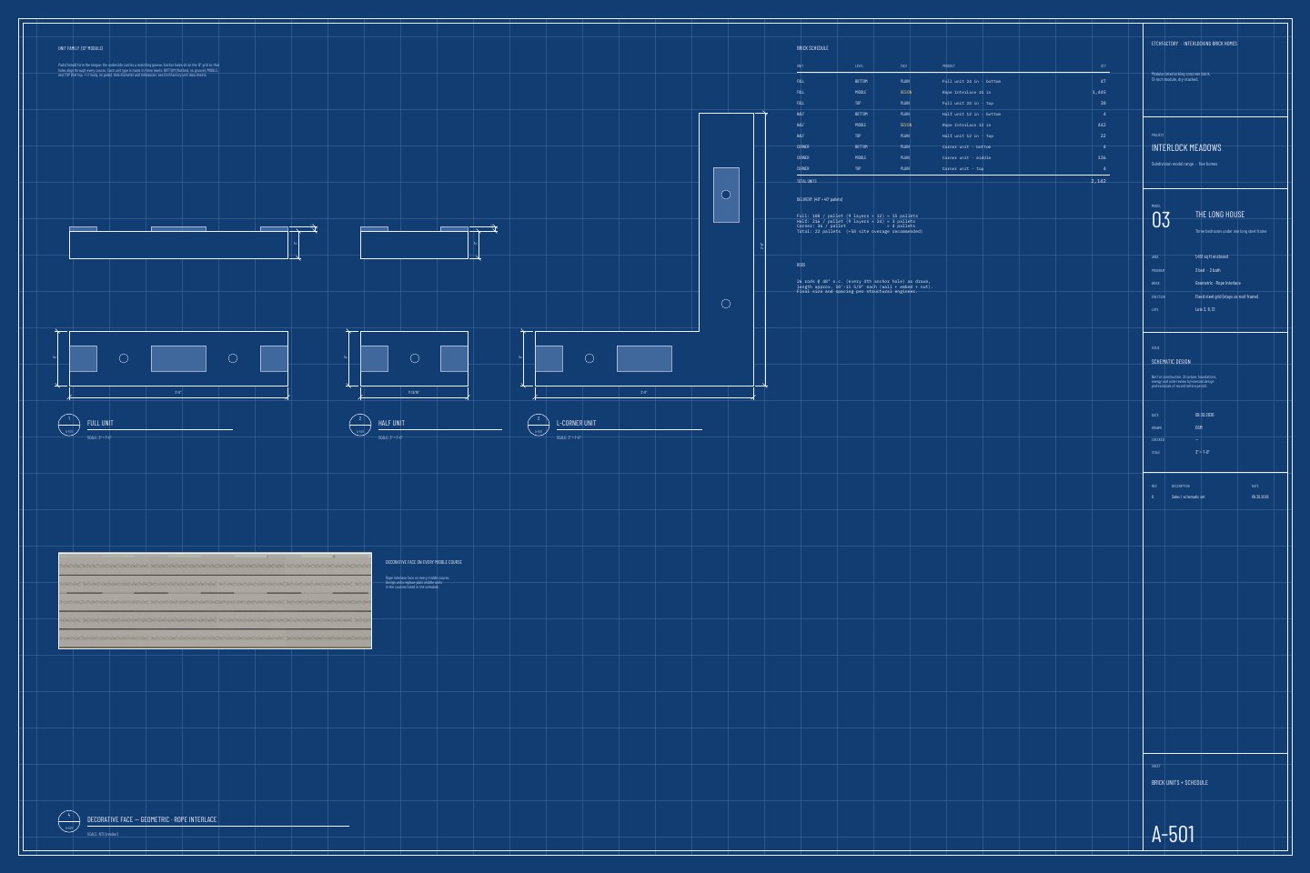 The Long House, brick unit details and schedule drawing