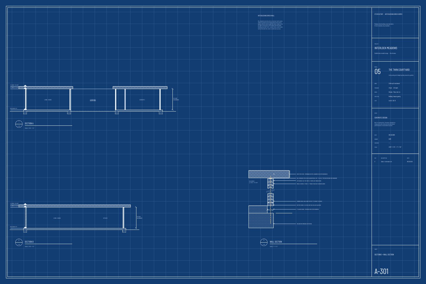 The Twin Courtyard, sections and wall section drawing