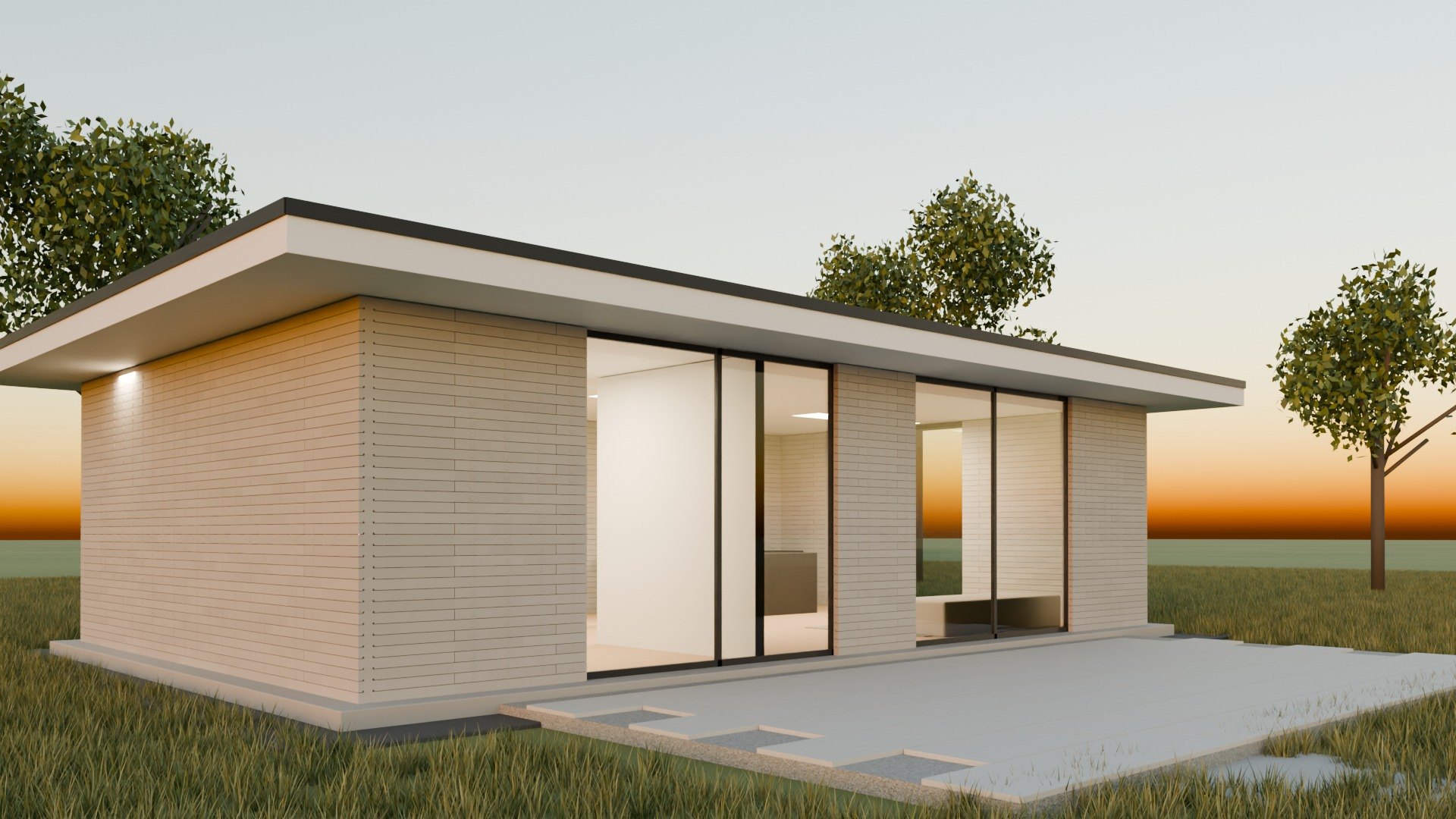 The Compact at dusk, interiors lit