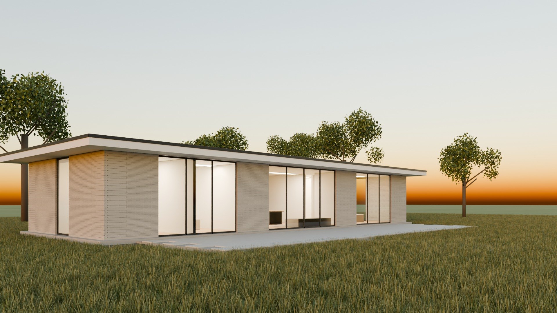 The Long House at dusk, interiors lit